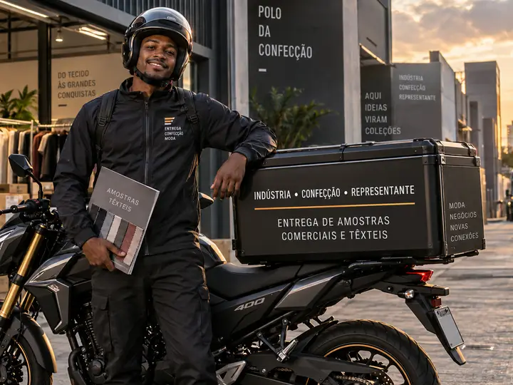 Motofretista segurando um mostruário de amostras têxteis ao lado da moto, em frente a um polo de confecção, com baú identificado para entrega de amostras comerciais e têxteis