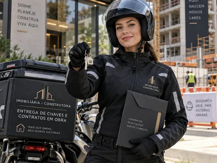 Motofretista segurando um molho de chaves e uma pasta de contratos em frente a uma construtora, com obra ao fundo e baú identificado para entrega de chaves e contratos
