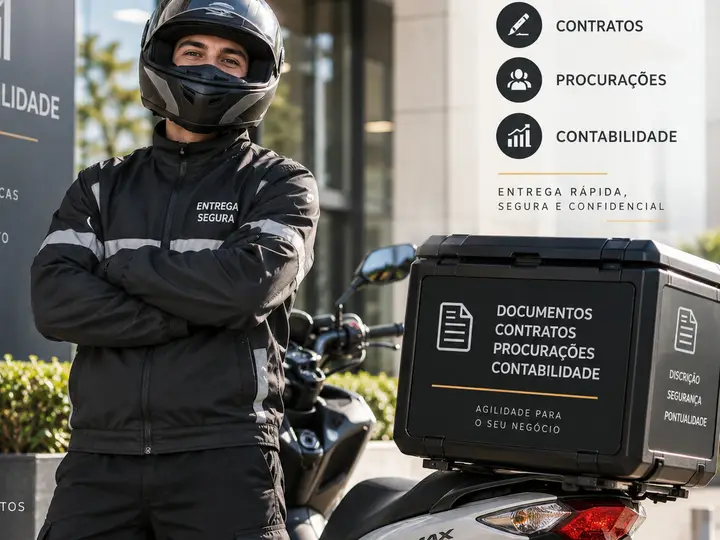 Motofretista de braços cruzados ao lado da moto, em frente a um escritório de contabilidade, com baú identificado para documentos, contratos e procurações