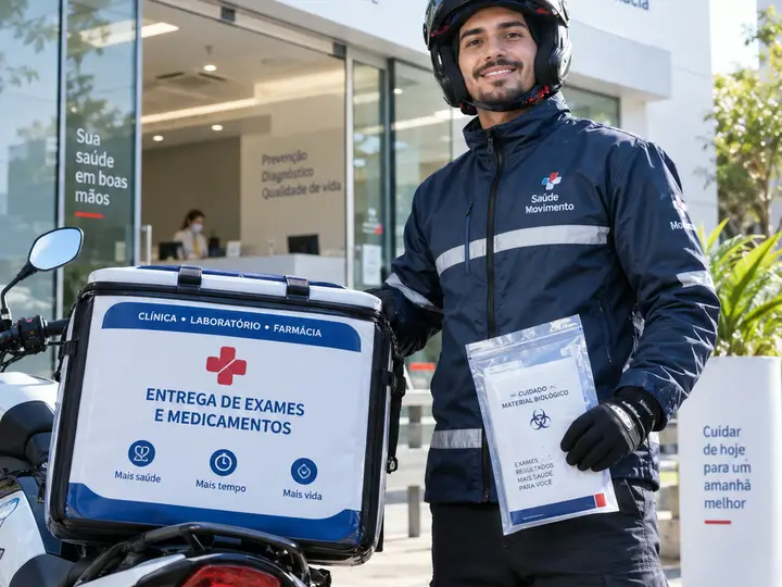 Motofretista em frente a um centro de saúde segurando embalagem de material biológico, ao lado da moto com baú identificado para entrega de exames e medicamentos