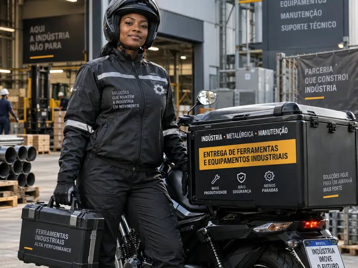 Motofretista segurando uma maleta de ferramentas industriais em frente a um galpão de indústria, ao lado da moto com baú identificado para entrega de ferramentas e equipamentos