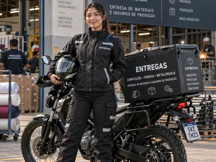 Motofretista com o capacete na mão ao lado da moto, em frente a uma fábrica com rolos de tecido e produção ao fundo, com baú identificado para entrega de materiais e insumos de produção