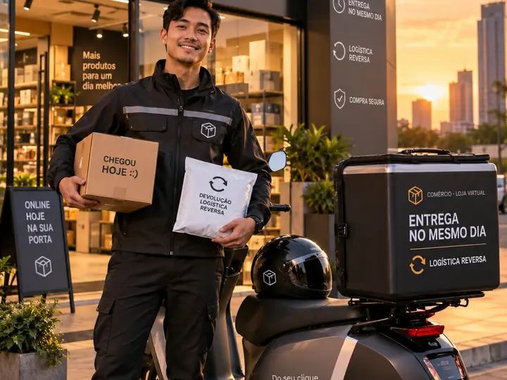 Motofretista em frente a uma loja segurando uma caixa de entrega e uma embalagem de devolução, ao lado da moto com baú identificado para entrega no mesmo dia e logística reversa