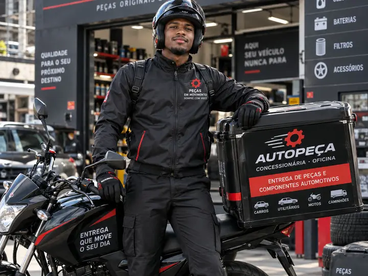 Motofretista apoiado na moto em frente a uma autopeça, com baú identificado para entrega de peças e componentes automotivos