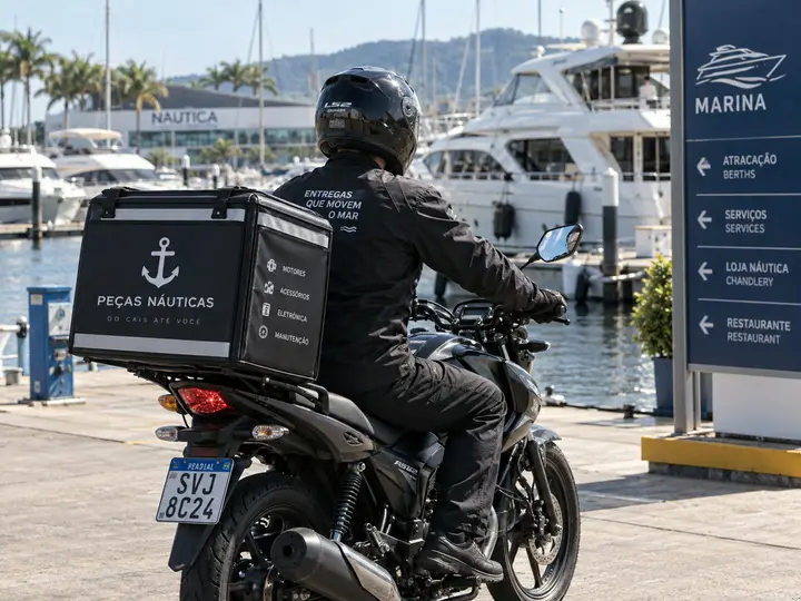 Motofretista parado no cais de uma marina, de costas, com baú identificado para peças náuticas, diante de iates atracados e da placa de serviços da marina